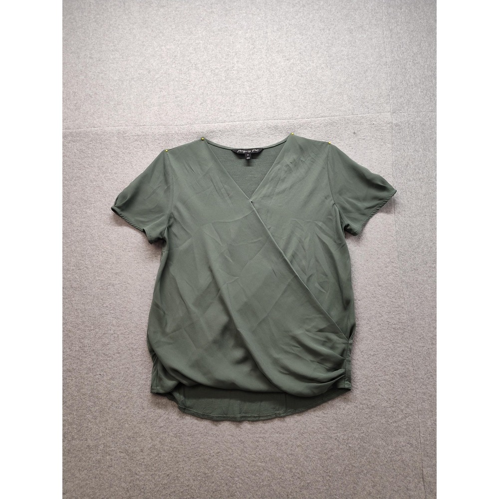 Montgomery Post Shirt Womens Medium Green Wrap Front‎ Ruched Blouse Top